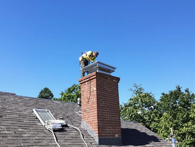 Branford Chimney Sweep technician measuring a chimney cap in Branford, CT