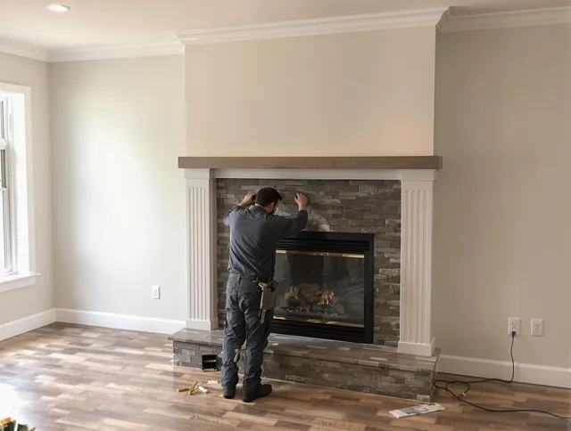 Branford Chimney Sweep finishing a custom fireplace install in Branford, CT